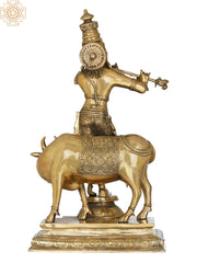Indian Lord Krishna Playing Flute With His Cow Brass Statue