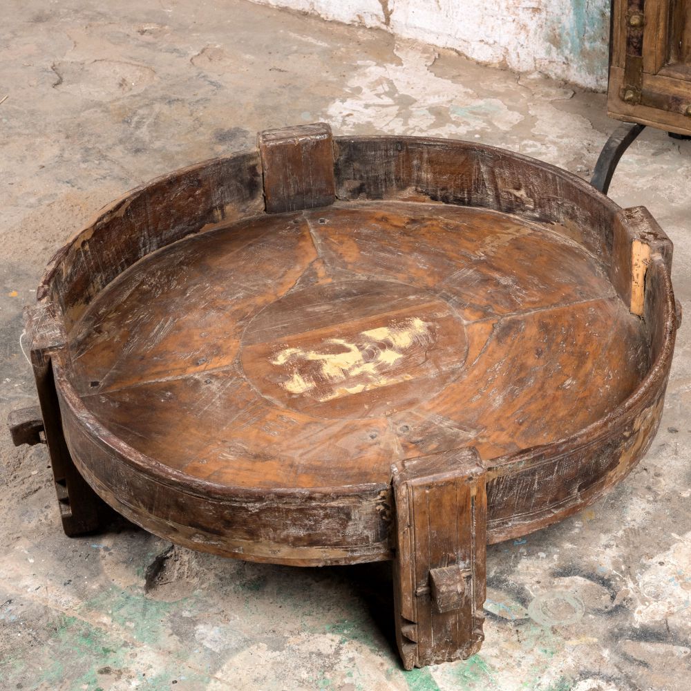 Vintage Solid Hard Wood Carved Round Grinder Table