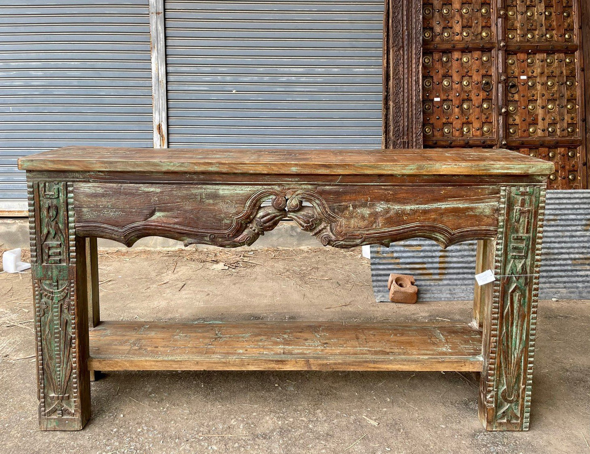 Antique Indian Hand Carved Solid Wood Console Hall Table