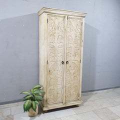 Antique Indian Hand Carved Solid Wooden 2 Door Whitewash Cabinet 90x45x200cm