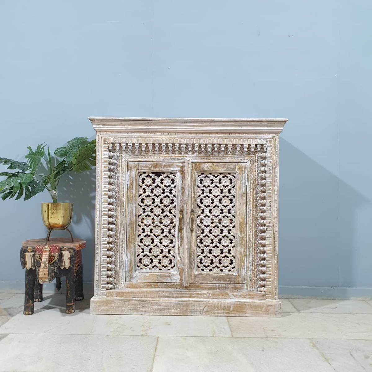 Indian Handmade Carved Solid Hard Wood Floral Design 2 Door Cabinet 110x40x110 Cm