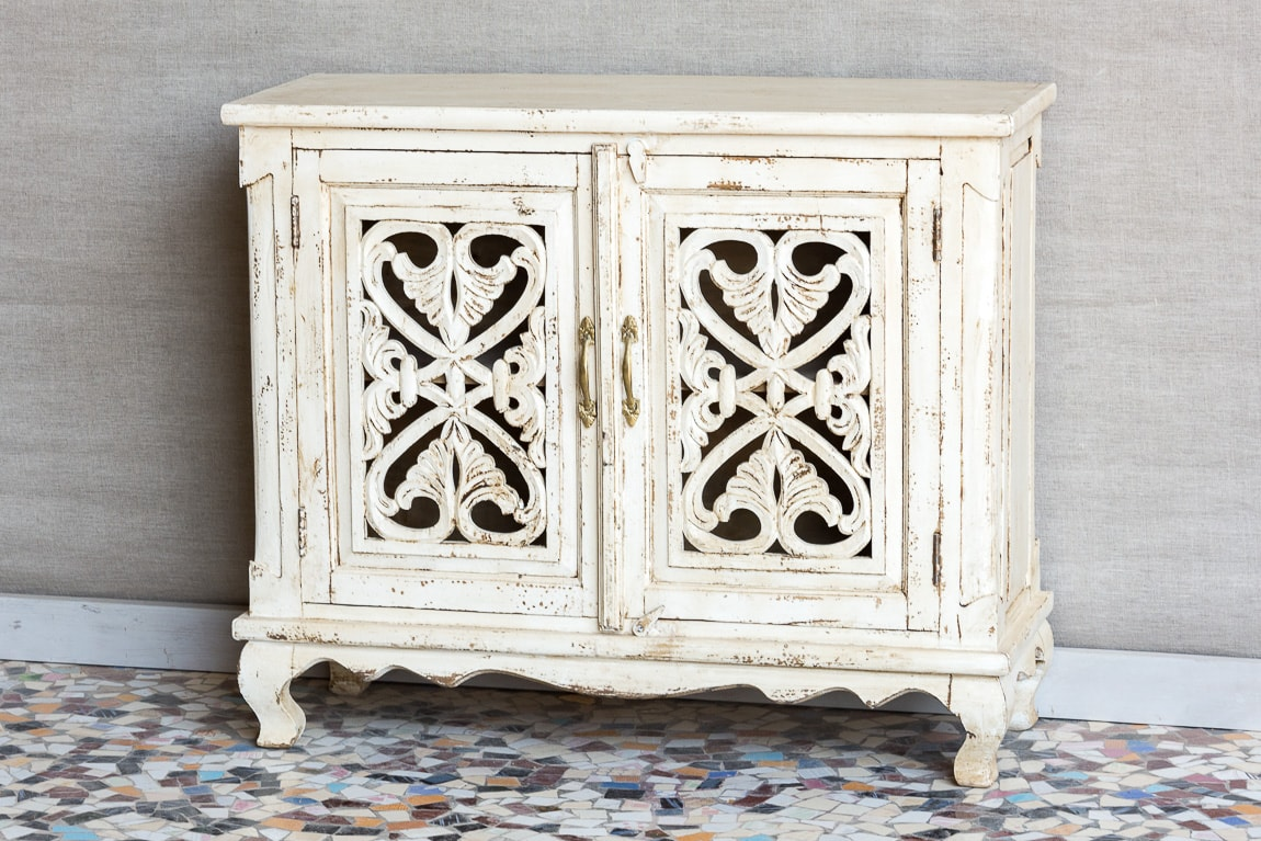 Antique Indian Jali Hand Carved Solid Wooden Cabinet Whitewash 107x40x90cm A0152