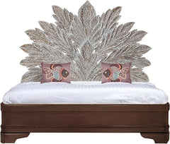 Hand Carved Big Palm Leaf King Size Bed Headboard Bed Head Greywash