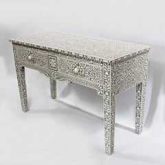 MAAYA Bone Inlay Wooden 2 Drawers Hall Side Table Grey Floral