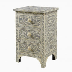 Maaya Bone Inlay Bedside Cabinet Table Grey Floral