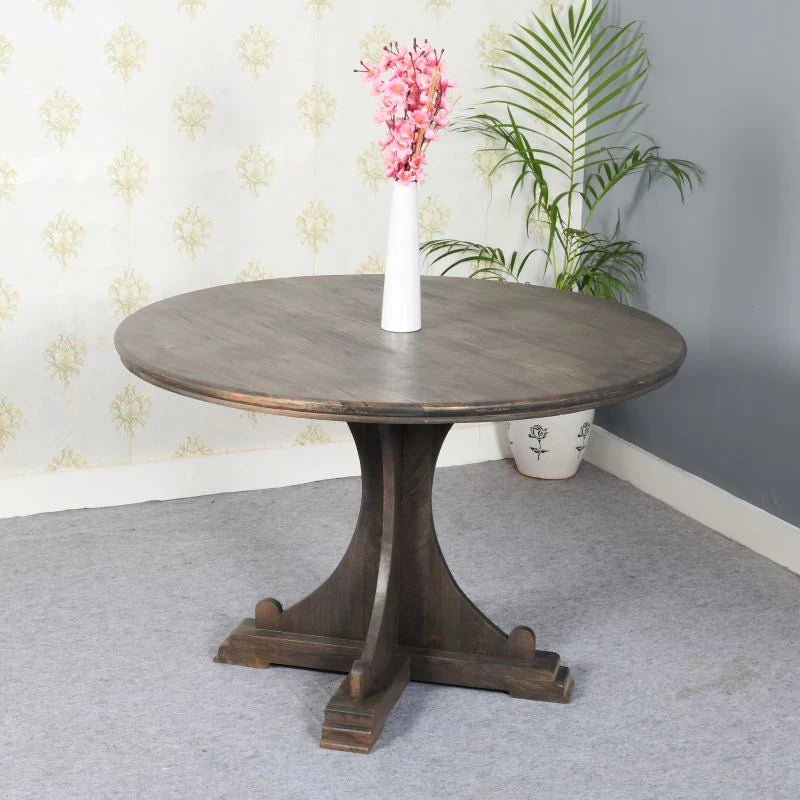 Handmade Indian Hand Carved Solid Hard Wood Sara Round Dining Table Grey Large