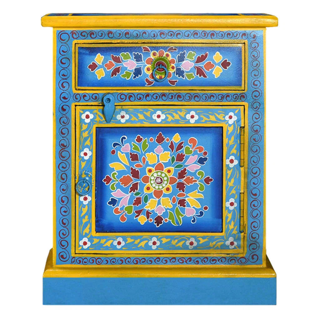 Mughal Hand Painted Wooden Bedside Table Multicolour 15