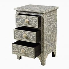 Maaya Bone Inlay Bedside Cabinet Table Grey Floral