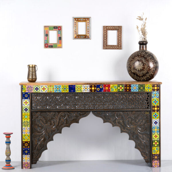 Mehrab Wooden Carved Entryway Console Table Black