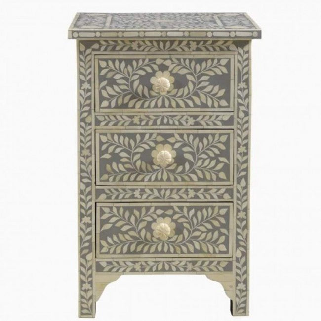 Maaya Bone Inlay Bedside Cabinet Table Grey Floral