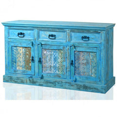 Rainbow Reclaimed Wood Carved Panel Solid Large Sideboard Buffet Blue