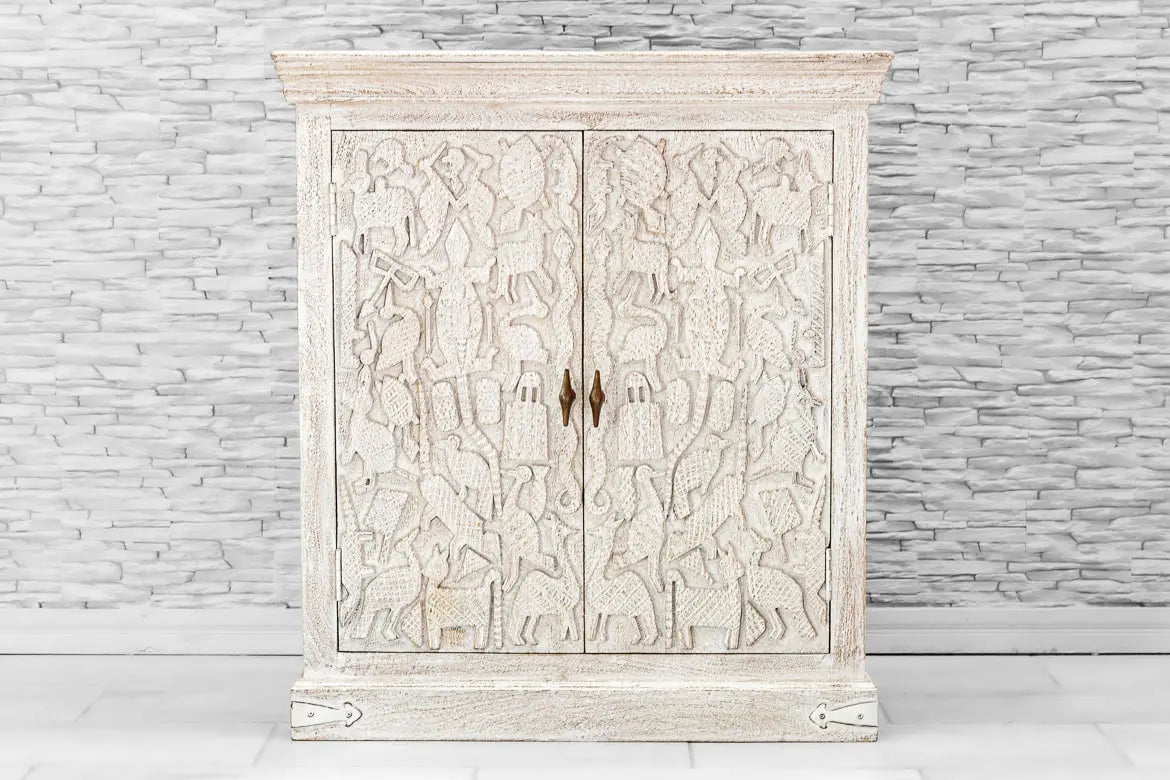 Indian Hand Carved Solid Wood Cabinet White 03