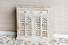 Antique Indian Jali Hand Carved Solid Wooden Cabinet Whitewash 90x45x90cm A0173