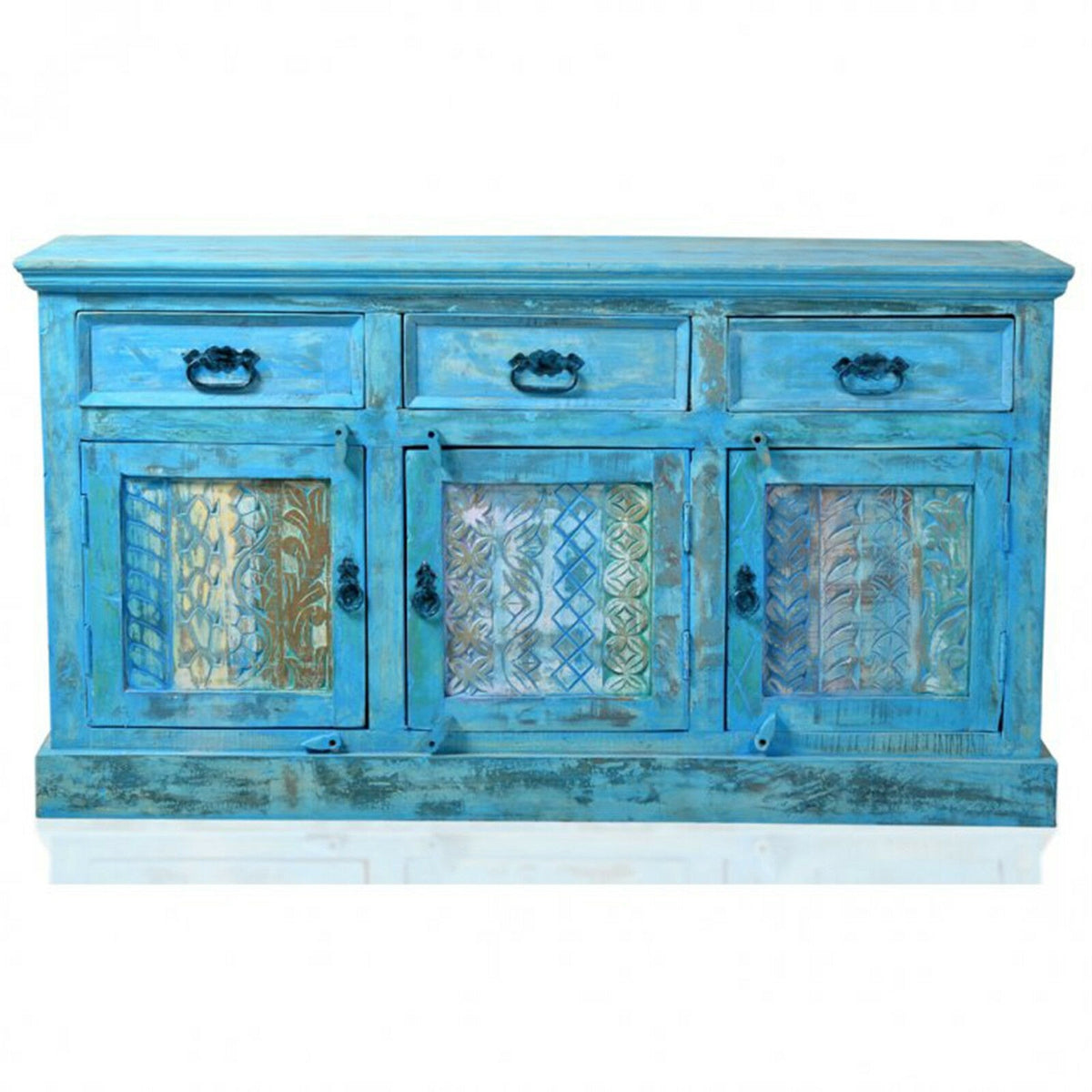 Rainbow Reclaimed Wood Carved Panel Solid Large Sideboard Buffet Blue