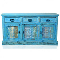 Rainbow Reclaimed Wood Carved Panel Solid Large Sideboard Buffet Blue