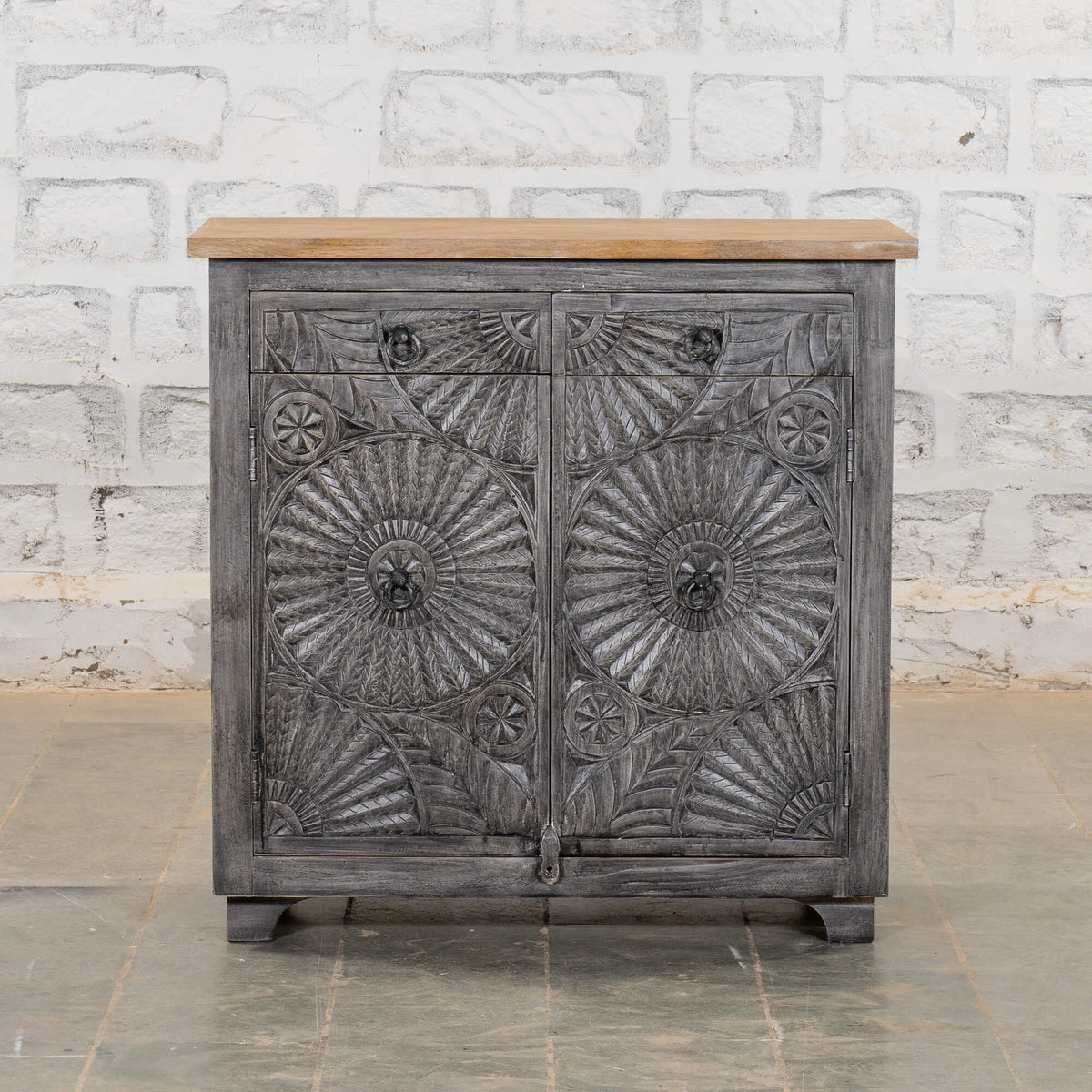 Indian Mango Wood Hand Carved Cabinet Grey