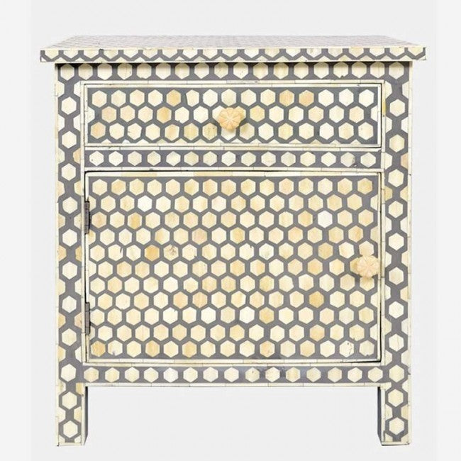 Maaya Bone Inlay Bedside Cabinet Table Grey Honeycomb