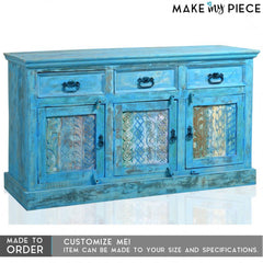 Rainbow Reclaimed Wood Carved Panel Solid Large Sideboard Buffet Blue