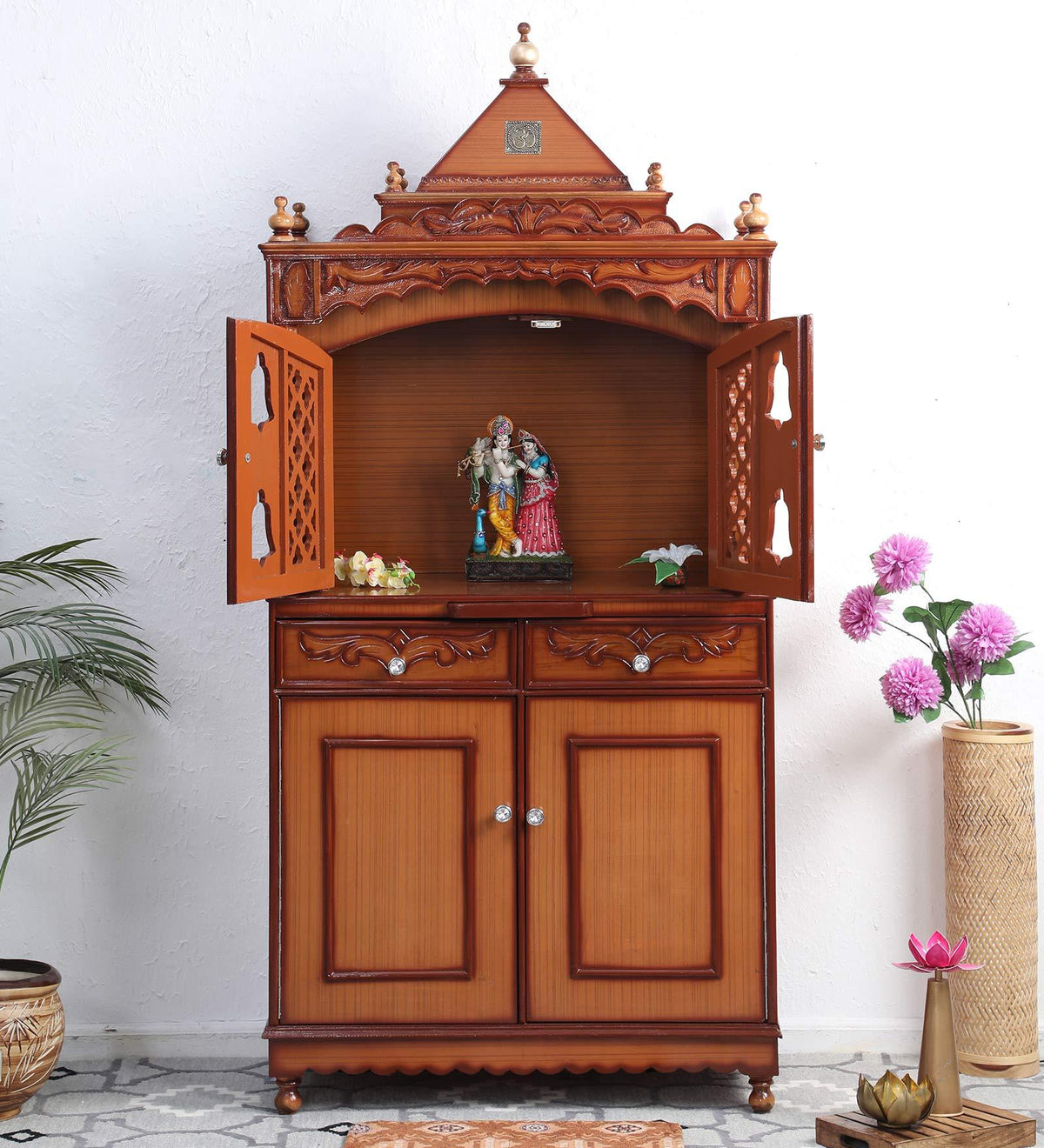 Large Sized Handmade Teak Wood Home Temple In Brown