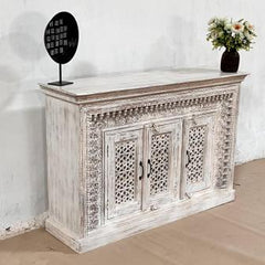 Indian Handmade Carved Solid Hard Wood 3 Doors Sideboard Greywash 150x40x100Cm