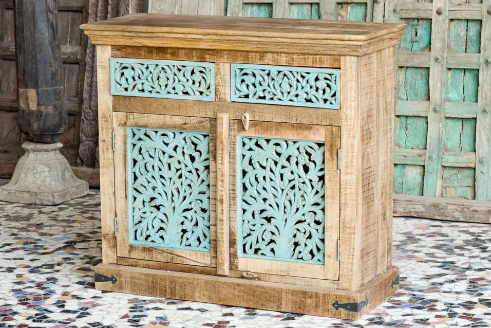 Antique Indian Jali Hand Carved Solid Wooden Cabinet Blue 100x40x91cm A0183