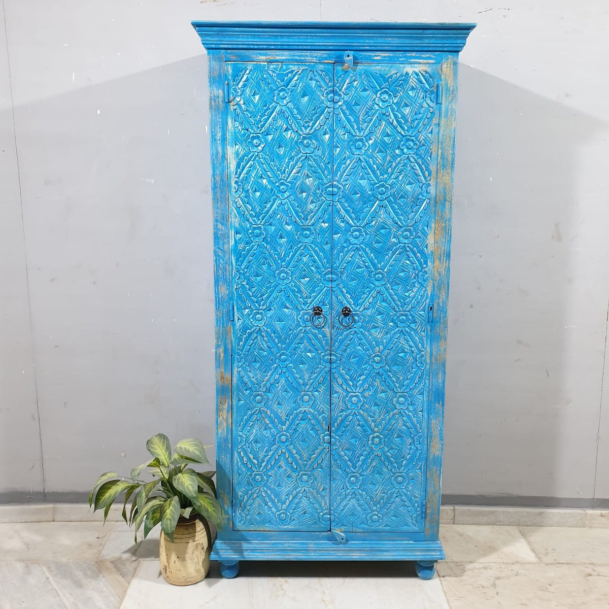 Indian Furniture Hand Carved Solid Wooden 2 Door Blue Wardrobe Cabinet