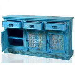 Rainbow Reclaimed Wood Carved Panel Solid Large Sideboard Buffet Blue