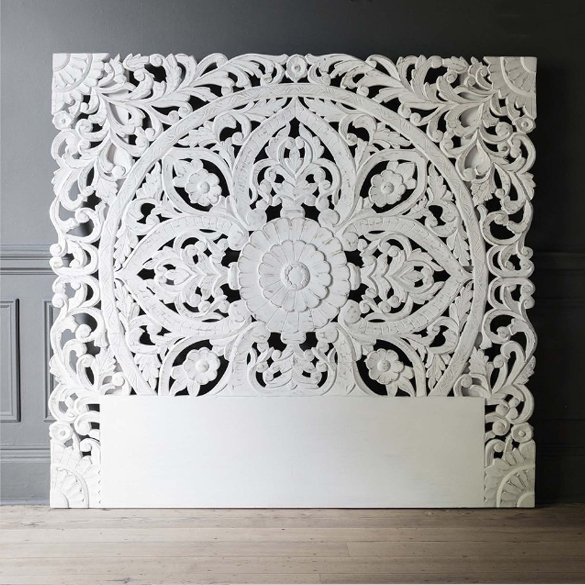 Dynasty Carved Wooden Wall Panel Bed Head Board Bedhead White