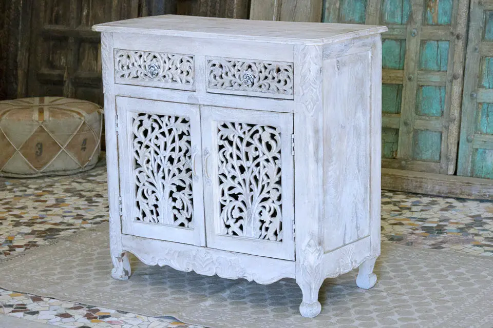 Antique Indian Jali Hand Carved Solid Wooden Cabinet Whitewash 90x45x89cm A0217