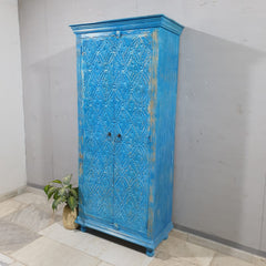 Indian Furniture Hand Carved Solid Wooden 2 Door Blue Wardrobe Cabinet