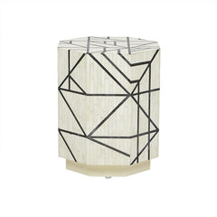 Maaya Brass Bone Inlay Round Drum Side Table Black Geometric L