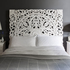 Dynasty Carved Wooden Wall Panel Bed Head Board Bedhead White