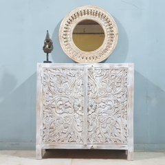 Handmade Indian Furniture Solid Hard Wood Carved 2 Doors Cabinet 90X40X90CM