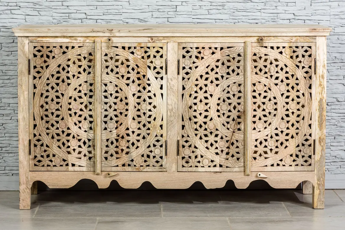 Antique Indian Jali Hand Carved Solid Wooden Sideboard Natural 157x45x90cm A0231