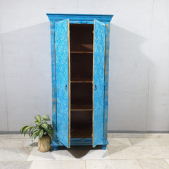 Indian Furniture Hand Carved Solid Wooden 2 Door Blue Wardrobe Cabinet