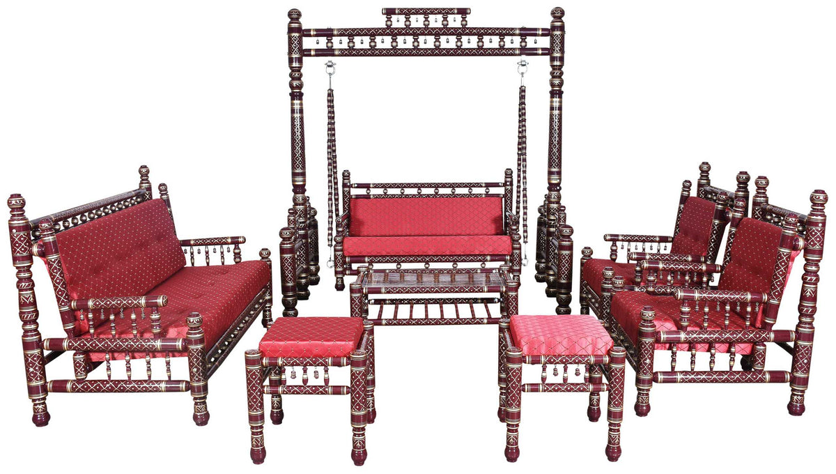 Heritage Indian Hand Carved Painted Swing & Sofa Set 7 pcs