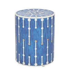 Maaya Brass Bone Inlay Round Drum Side Table Blue Geometric L