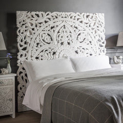 Dynasty Carved Wooden Wall Panel Bed Head Board Bedhead White