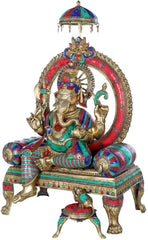 Indian Lord Ganesha with Inlay Work Handmade Brass Statue