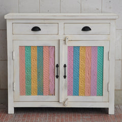 Rainbow Block Print Reclaimed boat wood Small Sideboard Buffet Carved doors