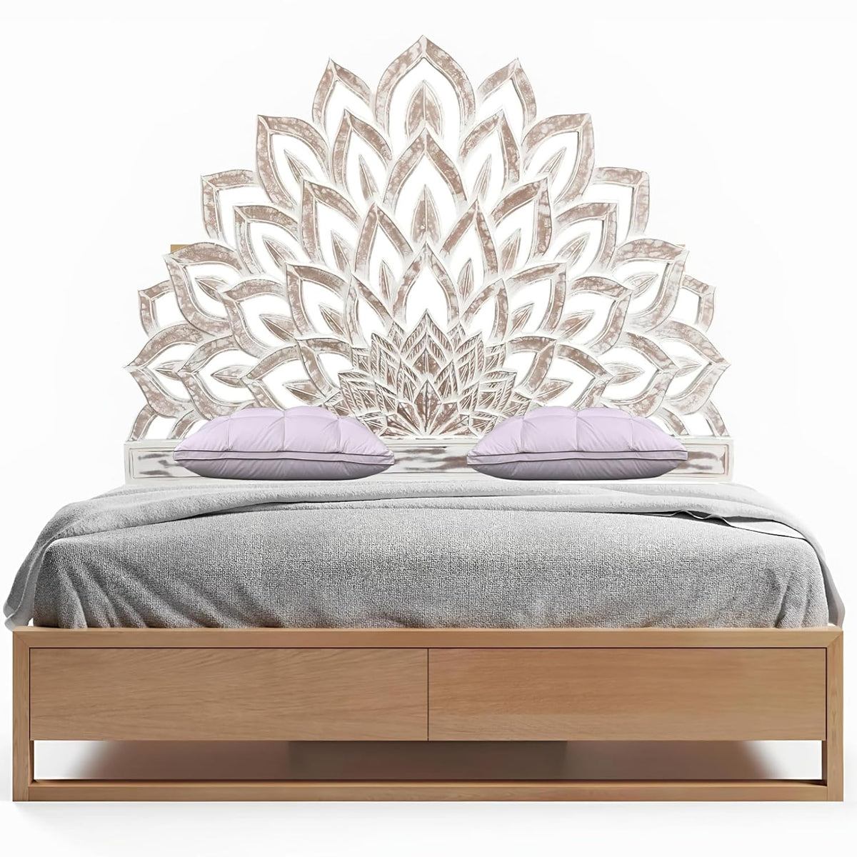 Hand Carved Lotus Flower King Size Bed Headboard Bed Head