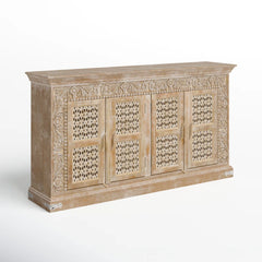 Indian Handmade Solid Wood 4 Door Carved Sideboard