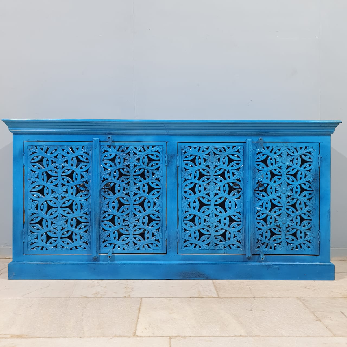 Indian Handmade Carved Solid Hard Wood Floral Design Sideboard Blue 180x45x85Cm