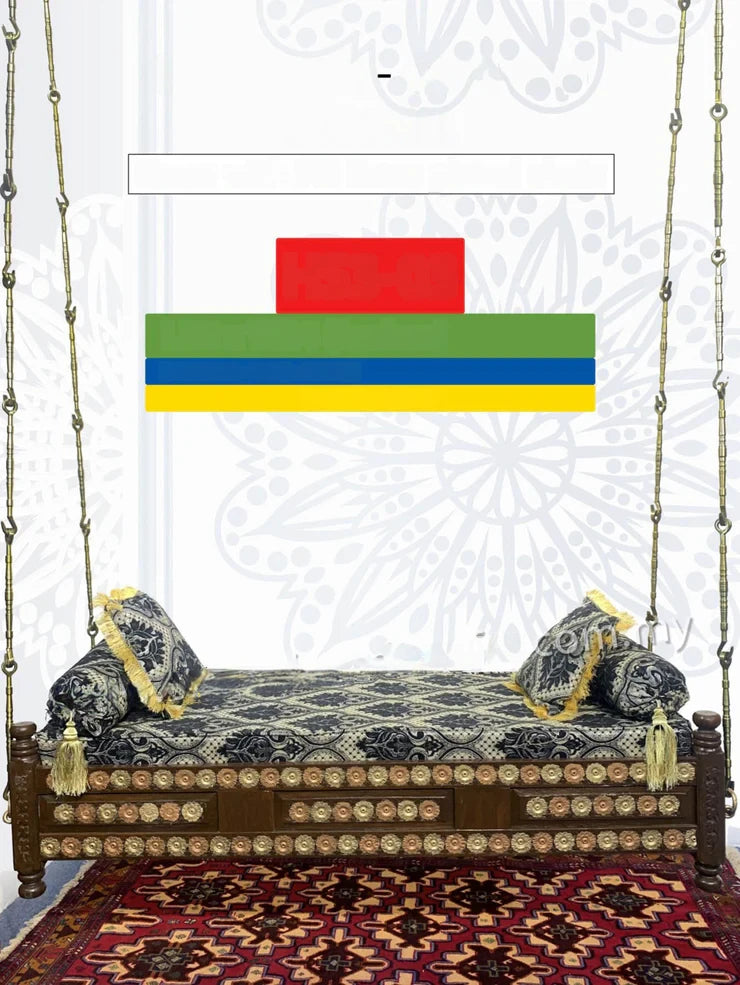 Maharaja Ceiling Hanging Backless Indian Hand Carved Wooden 3 Seater Swing