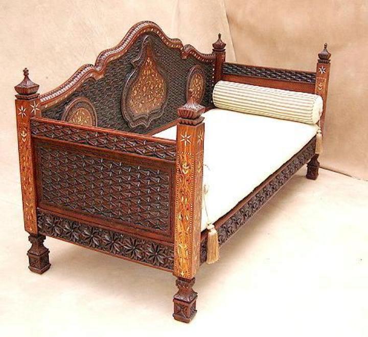 Hand Carved Solid Hard Wood Daybed in Brown