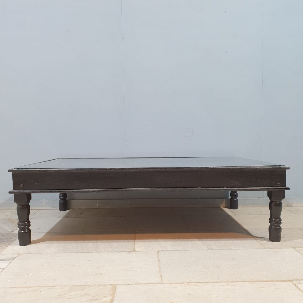 Indian Handmade Carved Solid Hard Wood Coffee Table in Black With Glass Cover 160x100x45Cm