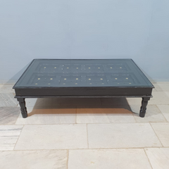 Indian Handmade Carved Solid Hard Wood Coffee Table in Black With Glass Cover 160x100x45Cm