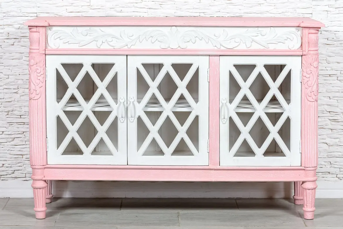 Antique Indian Jali Hand Carved Solid Wooden Sideboard Pink 148x45x100cm A0240