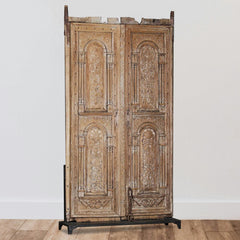 Indian Vintage Antique Hand Carved Reclaimed Teak Wood Door On Stand 82