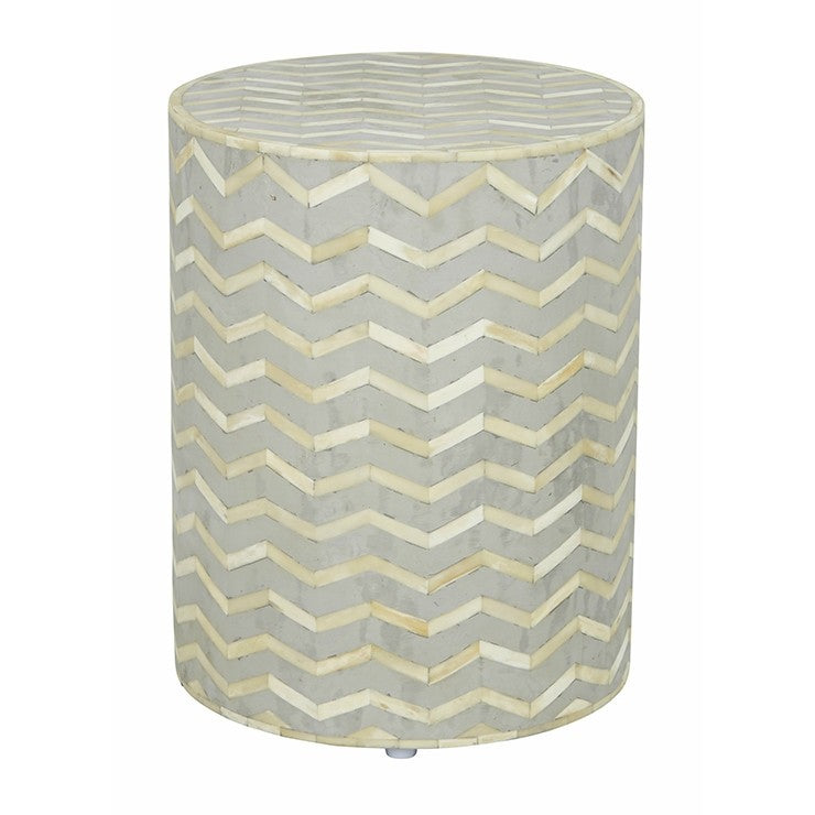 Maaya Brass Bone Inlay Round drum Side Table Grey ZigZag L